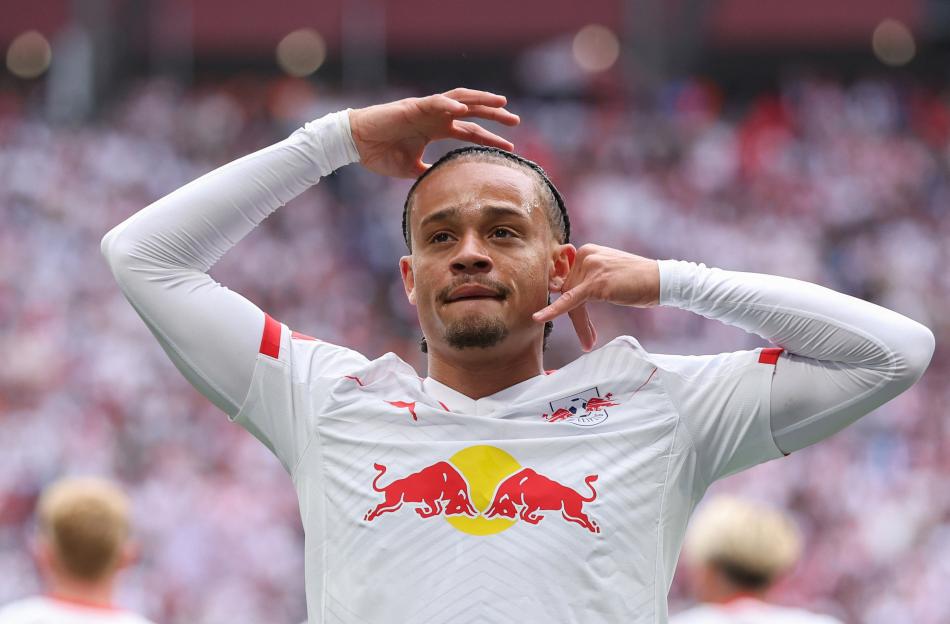 Xavi Simons of RB Leipzig celebrates scoring a goal.