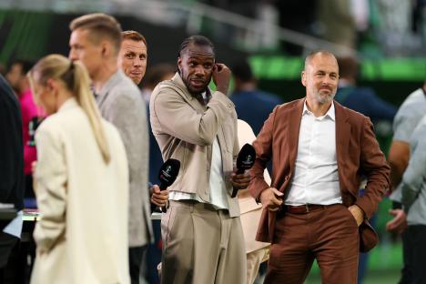 Michail Antonio, Joe Cole, and Steve Sidwell on a TNT Sports set at a UEFA Conference League Final.