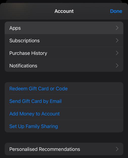 Screenshot of an account settings menu with options for apps, subscriptions, purchase history, notifications, gift cards, family sharing, and personalized recommendations.