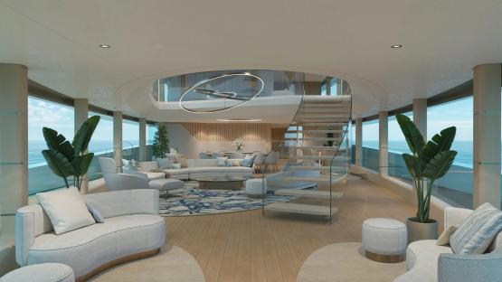 Illustration of the interior of a luxury superyacht.