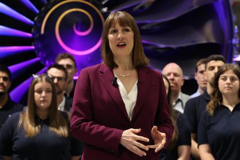 Rachel Reeves speaking at a Rolls-Royce factory.