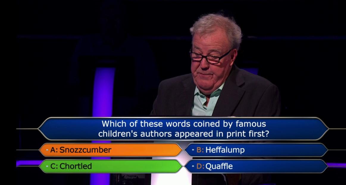 Screenshot of a Who Wants to Be a Millionaire? episode showing a question about words coined by children's authors.