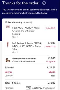 Order summary showing £40.00 total cost after £82.39 savings on four beauty products.