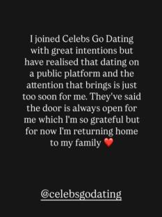 Instagram post announcing departure from Celebs Go Dating.