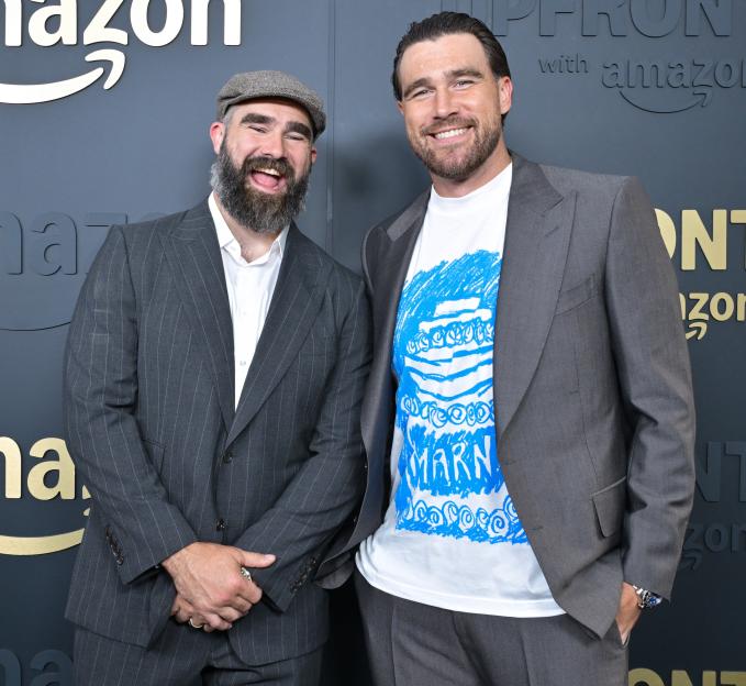 Jason Kelce and Travis Kelce at Amazon's Upfront 2025 Presentation.