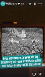 Image of a large crowd celebrating VE Day shown on a vintage television; announcement of a VE Day street party.