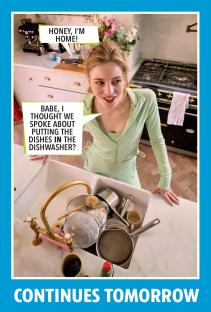 Woman arriving home to a sink full of dirty dishes.