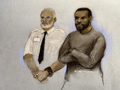 Court drawing of Yostin Andres Mosquera in handcuffs.