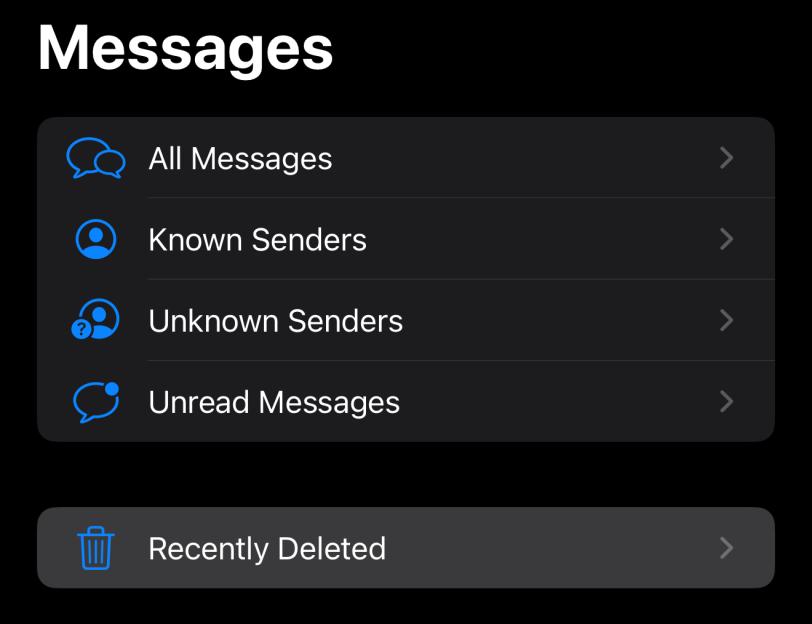 Messages settings showing options for all messages, known and unknown senders, unread messages, and recently deleted messages.