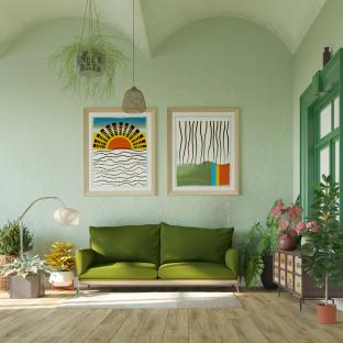 Illustration of a modern living room with a green sofa and plants.