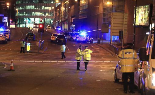 Emergency services at the Manchester Arena following a suicide bombing.