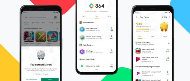 Screenshots of the Google Play Points app showing how to earn and use points.