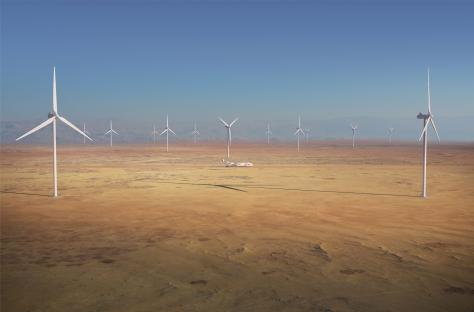 Illustration of wind turbines in a desert with a large aircraft in the center.