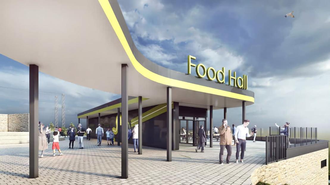 Illustration of a food hall at a gondola and zipline attraction.