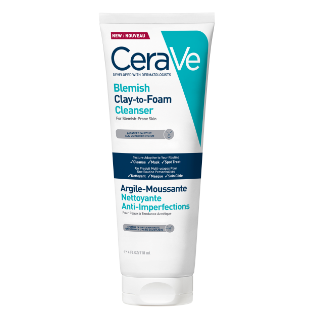 CeraVe Blemish Clay-to-Foam Cleanser for blemish-prone skin.