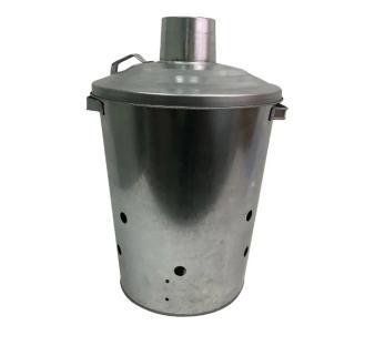 25L metal incinerator with lid and handles.