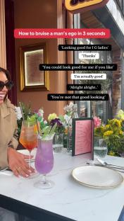 Woman subtly insults a man's appearance in a three-step conversation.