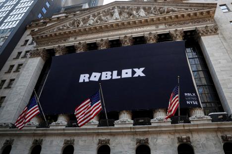 Roblox logo displayed on a banner at the New York Stock Exchange.