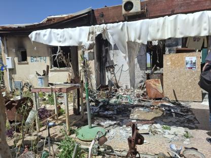 Destroyed building in Kibbutz Nir Oz, Israel.