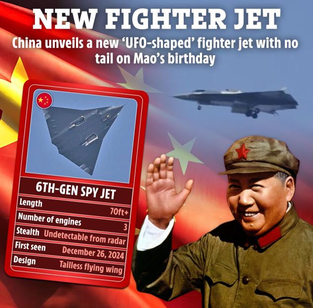 Graphic of a new Chinese 6th-generation spy jet, described as UFO-shaped and tailless.