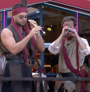 Two pirates, one playing a flute and the other using a spyglass.