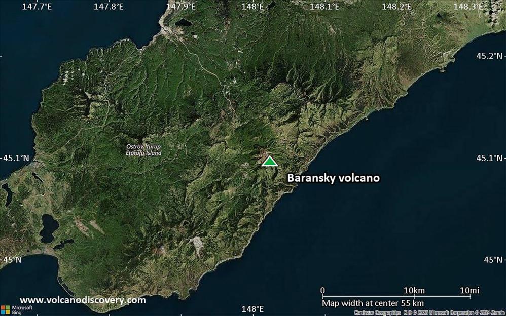 Map of Iturup Island showing the location of Baransky volcano.