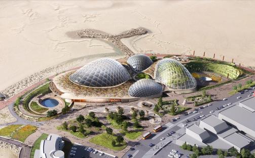 Illustration of Eden Project Morecambe, a proposed nature reserve with geodesic domes.