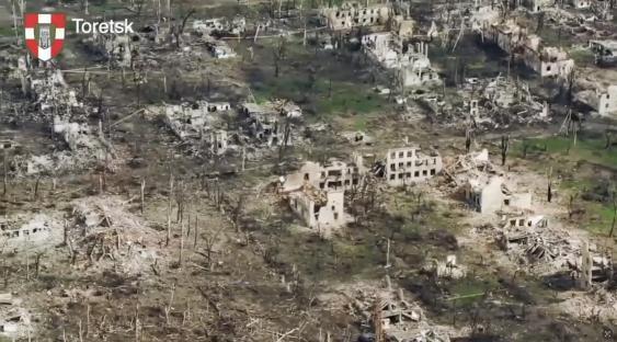 Aerial view of the destroyed town of Toretsk, Ukraine.