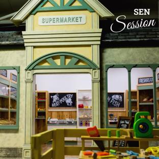 Illustration of a children's play village supermarket.
