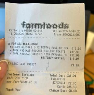 Farmfoods receipt showing purchases including pet food and a Lego toy.
