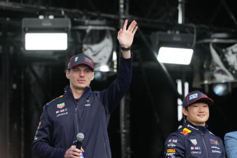 Max Verstappen and Yuki Tsunoda at a Red Bull Racing talk show.