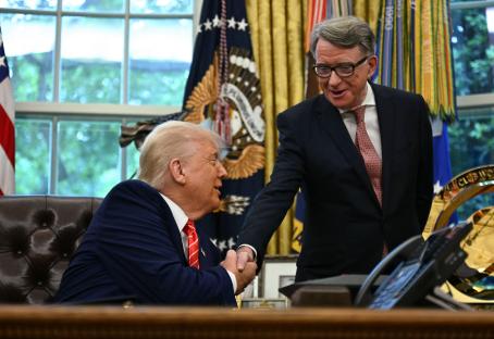 Donald Trump shaking hands with British ambassador Peter Mandelson in the Oval Office.