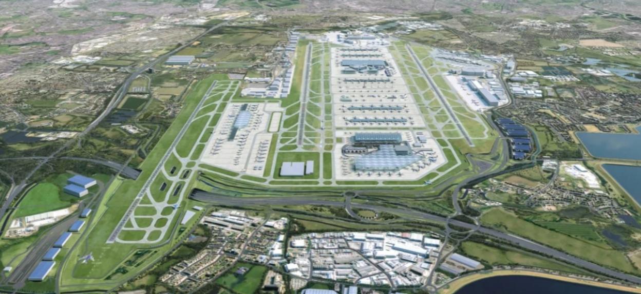 Illustration of Heathrow Airport's proposed third runway and expanded layout.
