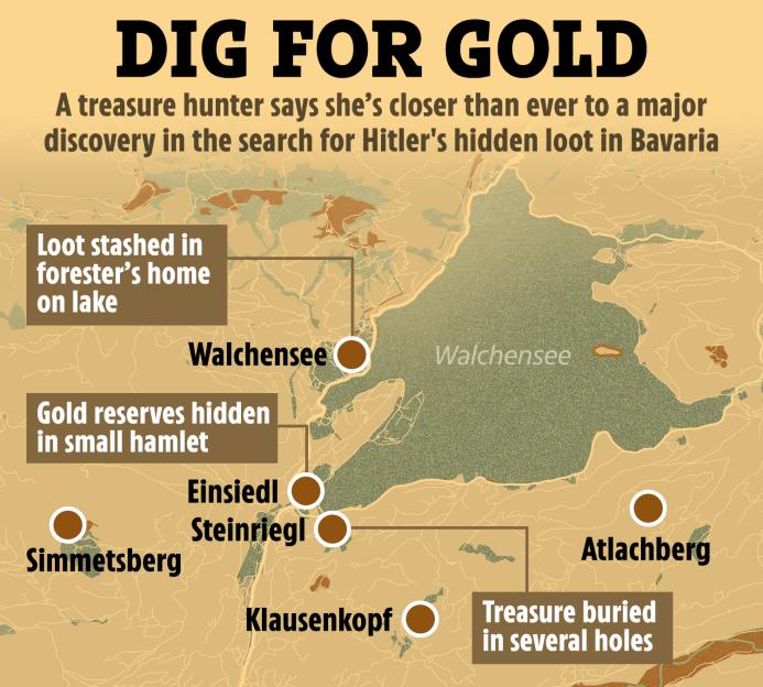 Illustration of a map showing locations of Hitler's hidden loot in Bavaria, including Walchensee, Simmetsberg, Einsiedl, Steinriegl, Klausenkopf, and Atlachberg.