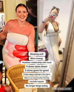 Before and after weight loss photos; woman shows improved health and happiness.