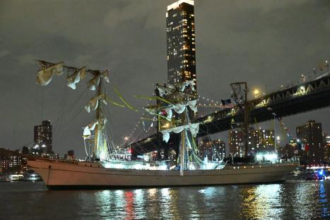 The Mexican naval ship Cuauhtemoc in the East River near the Brooklyn Bridge.