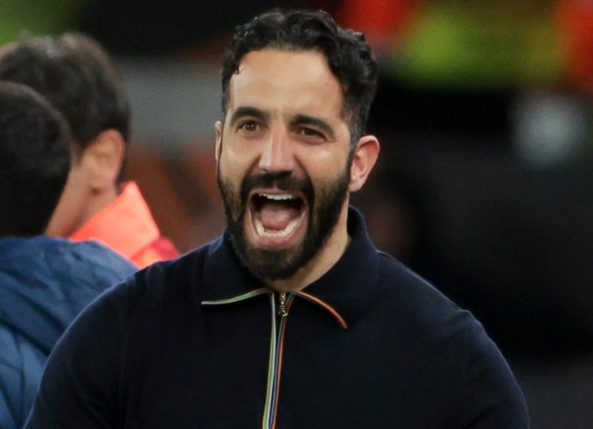 Manchester United coach Ruben Amorim celebrating a goal during the UEFA Europa League Quarter Final match.