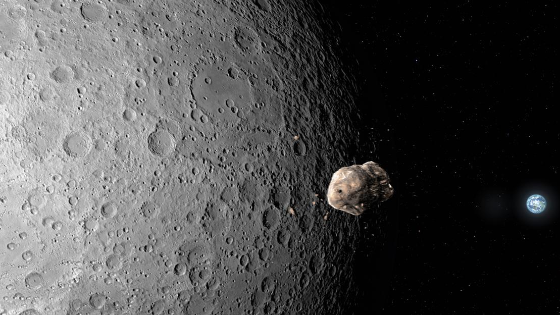 Illustration of an asteroid passing the Moon as it approaches Earth.