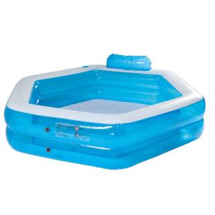 Inflatable pool with a built-in headrest.