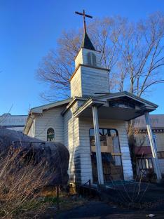 Derelict church in an abandoned Western-themed town.