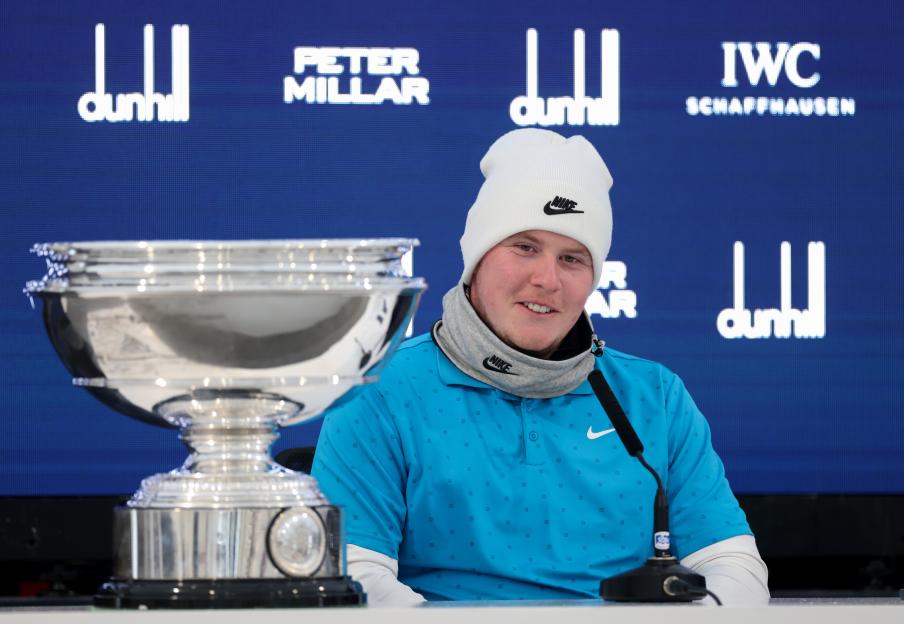 Robert MacIntyre of Scotland speaking to the media at a press conference.