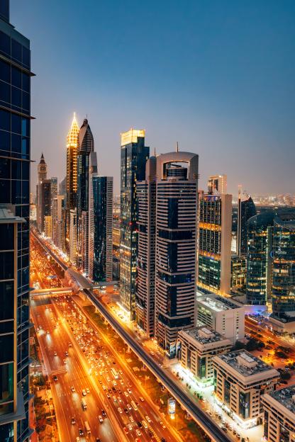 Aerial view of Dubai's Sheikh Zayed Road at night.
