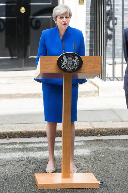 Theresa May giving a speech outside 10 Downing Street.