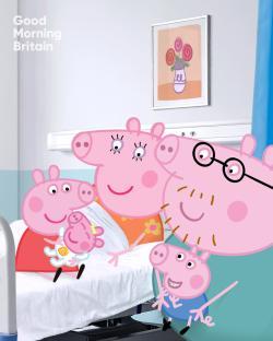 Illustration of the Peppa Pig family in a hospital room after the birth of their new baby.