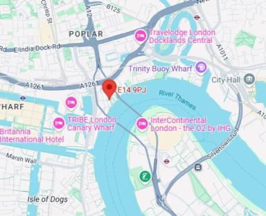 Map showing location E14 9PJ near Canary Wharf.