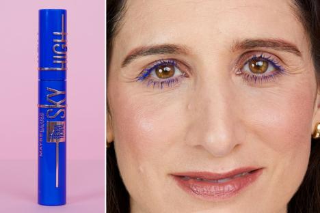 An image collage containing 2 images, Image 1 shows Maybelline Sky High mascara in blue, Image 2 shows Portrait of Claire Coleman, beauty writer, wearing blue mascara