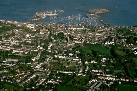 Aerial view of St. Peter Port and harbor.