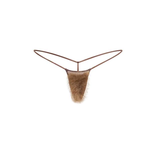 Brown thong underwear with faux fur pubic hair.