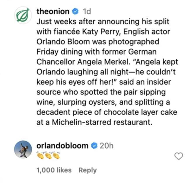 Screenshot of a satirical The Onion Instagram post about Orlando Bloom dining with Angela Merkel.
