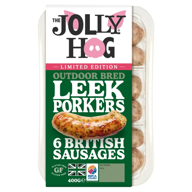 Packaging for The Jolly Hog Limited Edition Outdoor Bred Leek Porkers, 6 British Sausages, 400g.